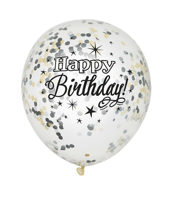 Happy Birthday Confetti Balloons - Silver & Gold 6pk