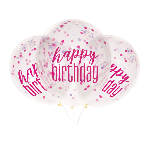 12'' Clear Printed Glitz ''Happy Birthday'' Balloons With Confetti, Pink & Silver 6pk
