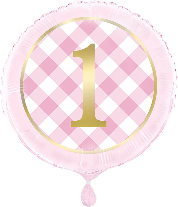 1st Birthday Pink Gingham Round Foil Balloon