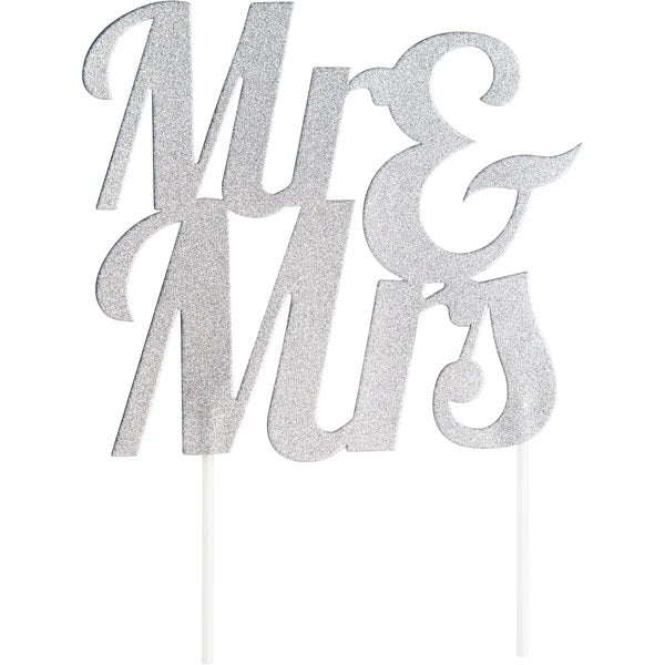 Mr & Mrs Silver Glitter Cake Topper 9.5''