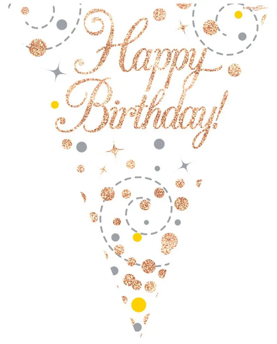 Happy Birthday White & Rose Gold Bunting - 11 Flags 3.9M