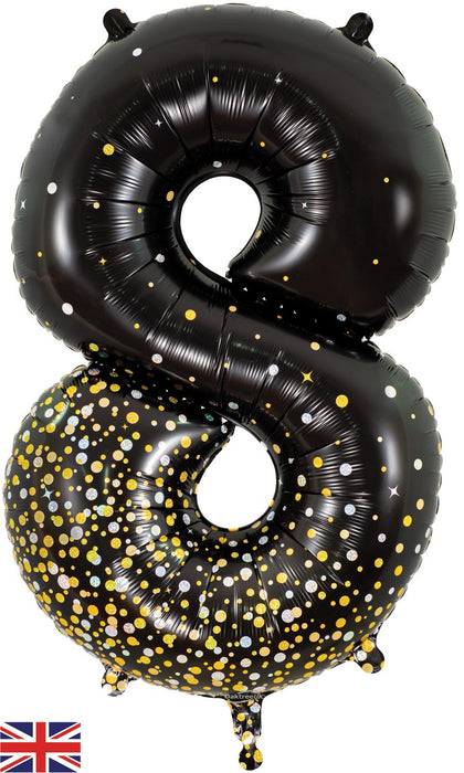 34" Number 8 Sparkling Fizz Holographic Black and Gold