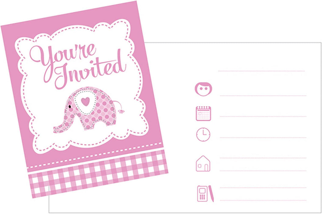 Christening Pink Elephant Invitation 10 X12Cm 8pk