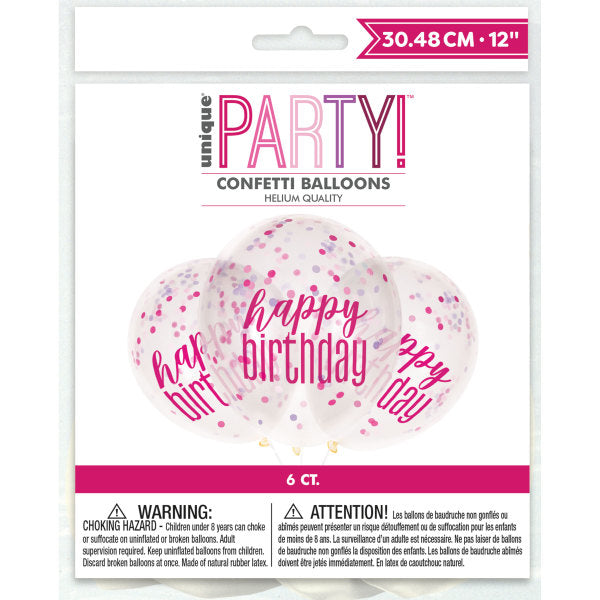12'' Clear Printed Glitz ''Happy Birthday'' Balloons With Confetti, Pink & Silver 6pk