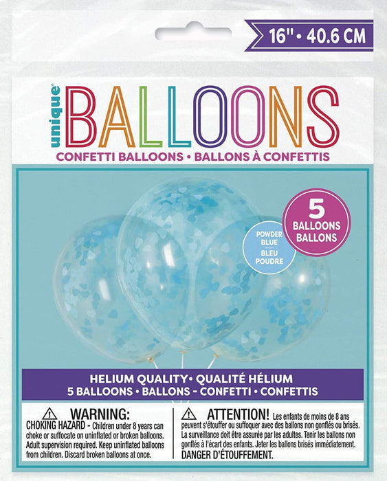 Clear Latex Balloons With Blue Heart Confetti 16'', 5Ct