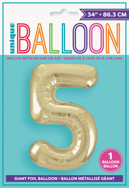 Champagne Gold Number 5 Shaped Foil Balloon 34'', Packaged