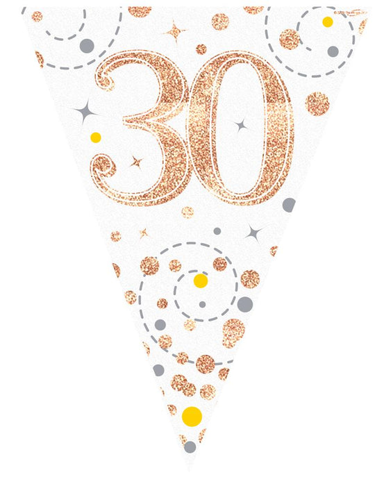 30th Birthday White & Rose Gold Bunting - 11 Flags 3.9M