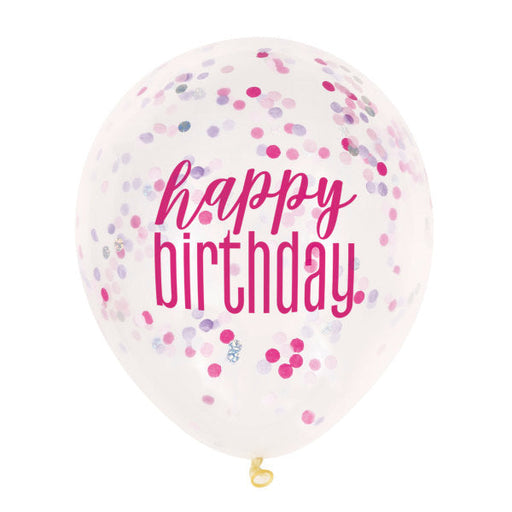 12'' Clear Printed Glitz ''Happy Birthday'' Balloons With Confetti, Pink & Silver 6pk