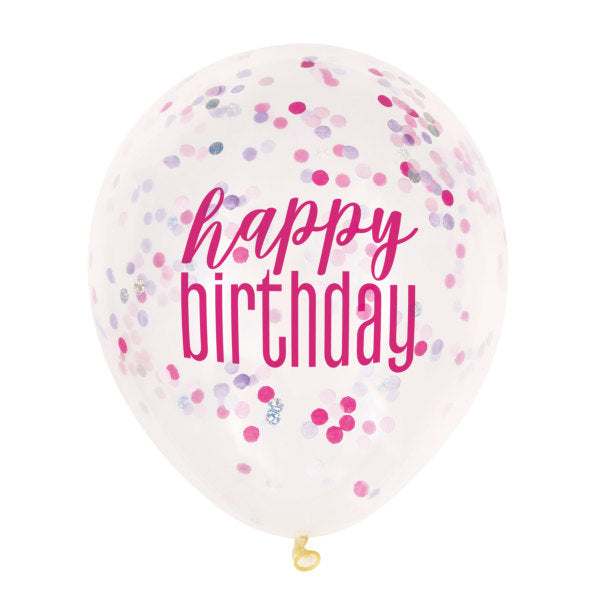 12'' Clear Printed Glitz ''Happy Birthday'' Balloons With Confetti, Pink & Silver 6pk