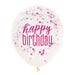 12'' Clear Printed Glitz ''Happy Birthday'' Balloons With Confetti, Pink & Silver 6pk