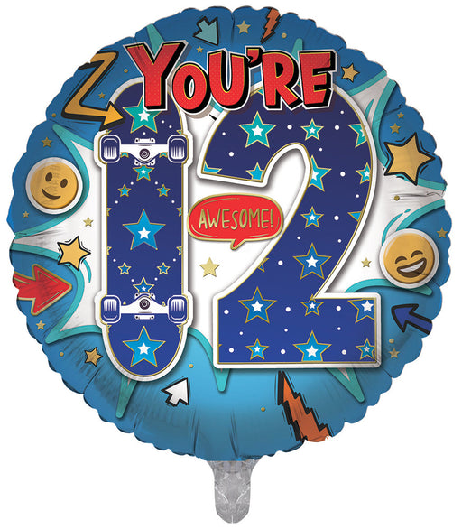 Blue / Skateboard 12th Birthday 18 Inch Foil Balloon