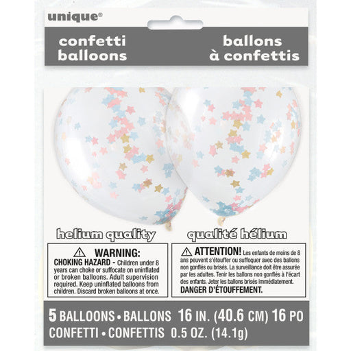 Clear Latex Balloons With Pink, Blue & Gold Star Confetti 16'', 5Ct