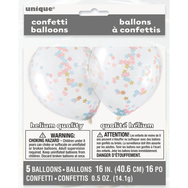 Clear Latex Balloons With Pink, Blue & Gold Star Confetti 16'', 5Ct