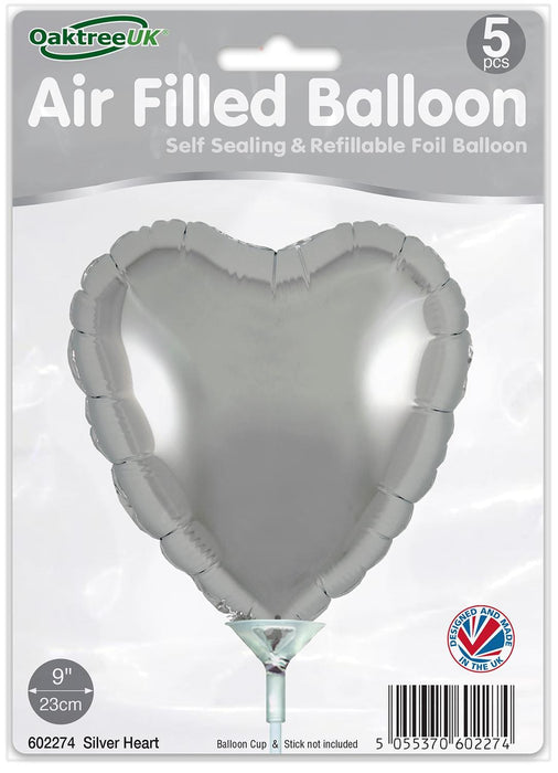Oaktree UK Foil Balloon Silver Heart (9 Inch) Packaged 5pk