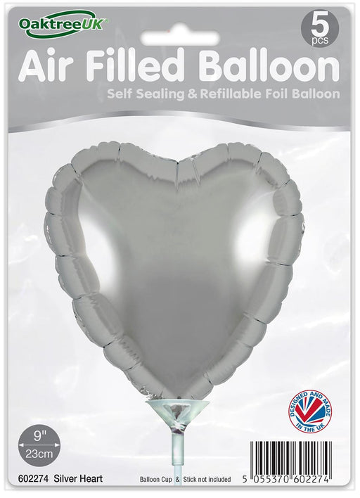 Oaktree UK Foil Balloon Silver Heart (9 Inch) Packaged 5pk