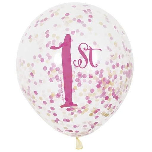 12'' 1st Birthday Pink & Gold Latex With Confetti 6pk