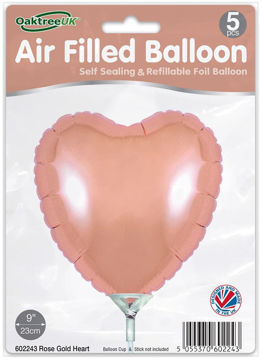 Oaktree UK Foil Balloon Rose Gold Heart (9 Inch) Packaged 5pk