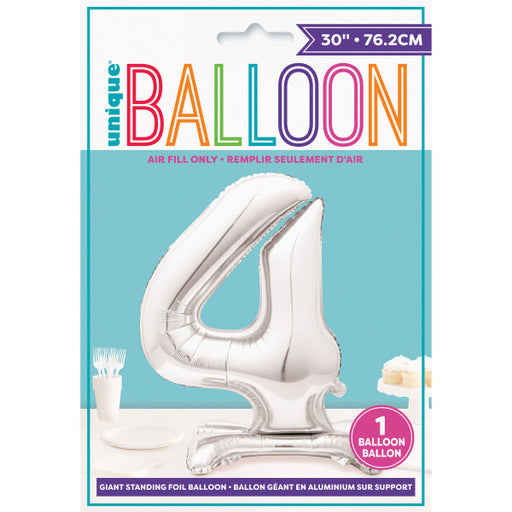 Silver Number 4 Shaped Standing Foil Balloon 30"