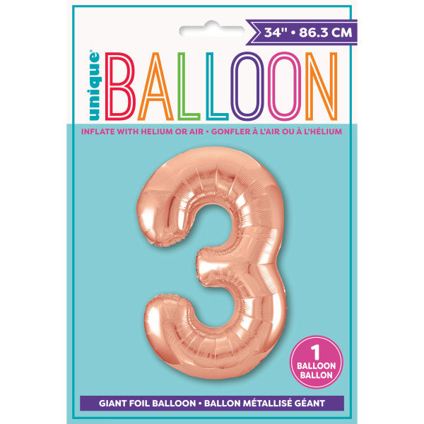 Rose Gold Number 3 Shaped Foil Balloon 34''