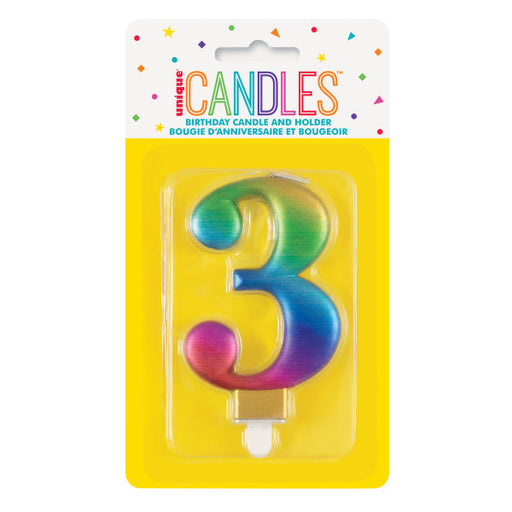 Rainbow Metallic Number 3 Candle