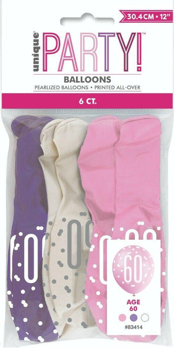 Pink Glitz 60th Birthday Latex Balloons 6pk