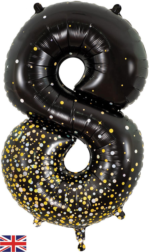 34" Number 8 Sparkling Fizz Holographic Black and Gold