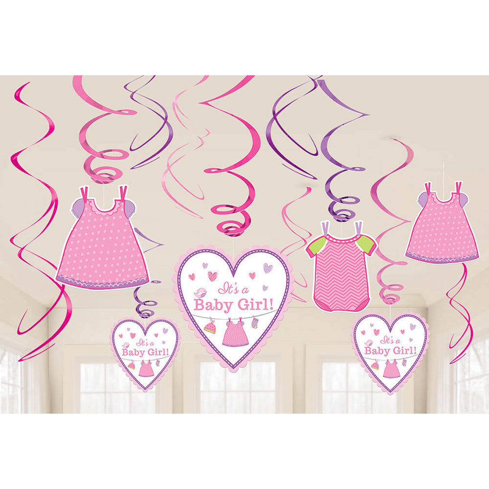 Shower With Love Baby Girl Foil Swirl Decorations (12 Pieces)
