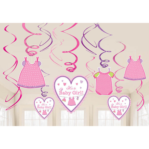 Shower With Love Baby Girl Foil Swirl Decorations (12 Pieces)