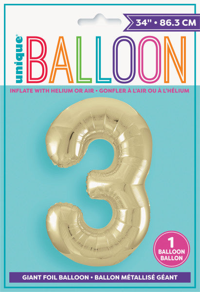 Champage Gold Number 3 Shaped Foil Balloon 34'', Packaged