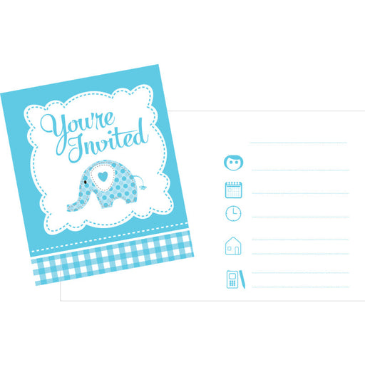 Christening Blue Elephant Invitation 10 X12Cm 8pk