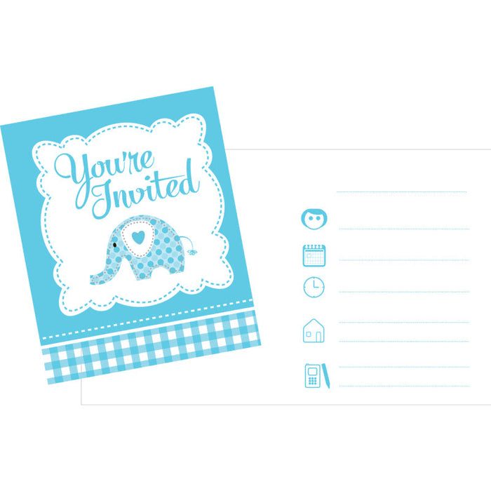Christening Blue Elephant Invitation 10 X12Cm 8pk