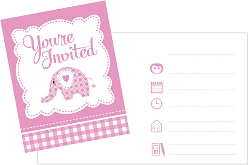 Christening Pink Elephant Invitation 10 X12Cm 8pk