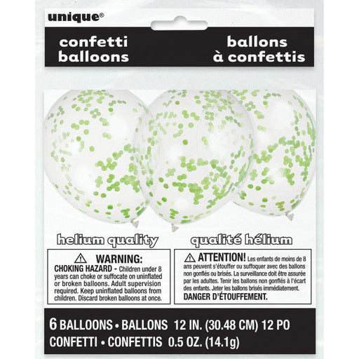 Clear Latex Balloons With Lime Green Confetti 12'', 6Ct